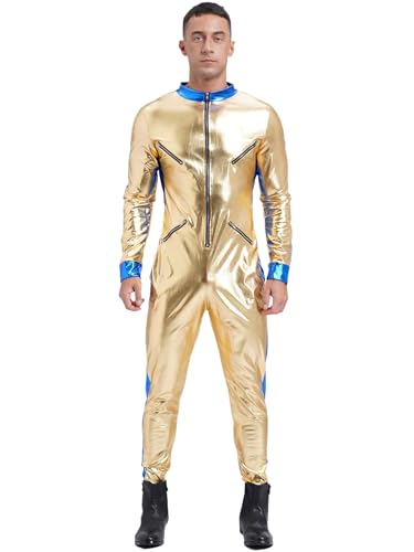 Eandarui Astronauten Kostüm Herren Metallic Anzug Langarm Overall Glänzend Jumpsuit Ganzkörper Bodysuit Space Man Travel Weltall Outfit Gold L von Eandarui