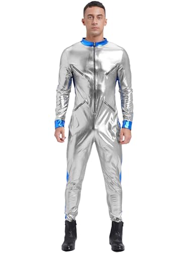 Eandarui Astronauten Kostüm Herren Metallic Anzug Langarm Overall Glänzend Jumpsuit Ganzkörper Bodysuit Space Man Travel Weltall Outfit Silber 3XL von Eandarui