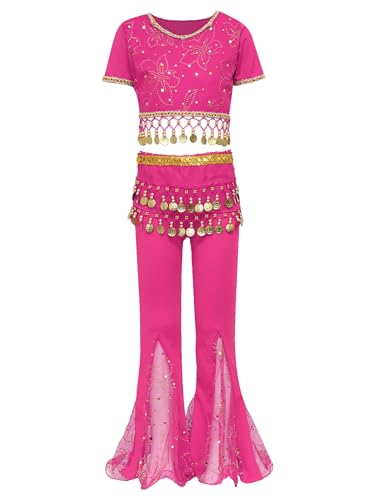 Eandarui Bauchtänzerin Kostüm Kinder Belly Dance Outfit Kurzarm Shirt Bauchfrei Oberteil Pailletten Fransen Schlag Leggings Weites Bein Dancewear Hot Pink 110-116 von Eandarui