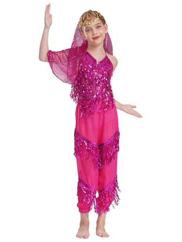 Eandarui Bauchtänzerin Kostüm Kinder Mädchen Pailletten Tanz Top Ärmellos Shirt Quasten Tanzhose Mit Glitzer Kopftuch Tanzkostüm Für Fasching Karneval Hot Pink 110-116 von Eandarui