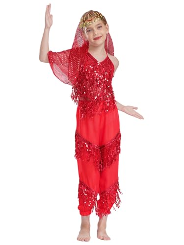 Eandarui Bauchtänzerin Kostüm Kinder Mädchen Pailletten Tanz Top Ärmellos Shirt Quasten Tanzhose Mit Glitzer Kopftuch Tanzkostüm Für Fasching Karneval Rot 122-128 von Eandarui