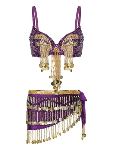 Eandarui Bauchtanz Kostüm Damen Set Pailletten Quasten BH Oberteil Fransen Kurz Tanz Shirt Mit Münzen Rock Orientalisch Tanztuch Dancewear Violett Einheitsgröße von Eandarui