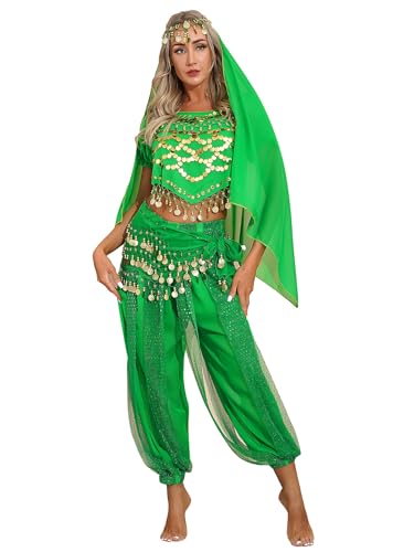 Eandarui Bauchtanz Kostüm Damen Set Pailletten Tanz Top Mit Leinen Haremshose Münzen Hüfttuch Chiffon Kopftuch 4tlg Cosplay Outfit Für Fasching Karneval Grün Einheitsgröße von Eandarui