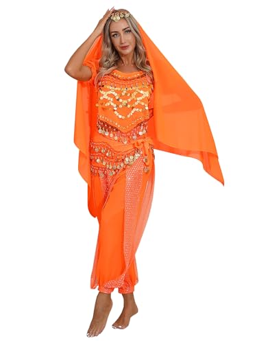 Eandarui Bauchtanz Kostüm Damen Set Pailletten Tanz Top Mit Leinen Haremshose Münzen Hüfttuch Chiffon Kopftuch 4tlg Cosplay Outfit Für Fasching Karneval Orange Einheitsgröße von Eandarui