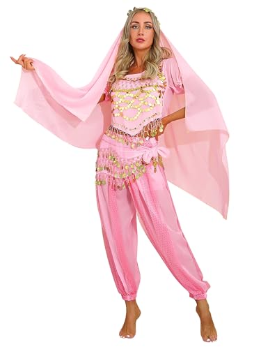 Eandarui Bauchtanz Kostüm Damen Set Pailletten Tanz Top Mit Leinen Haremshose Münzen Hüfttuch Chiffon Kopftuch 4tlg Cosplay Outfit Für Fasching Karneval Rosa Einheitsgröße von Eandarui