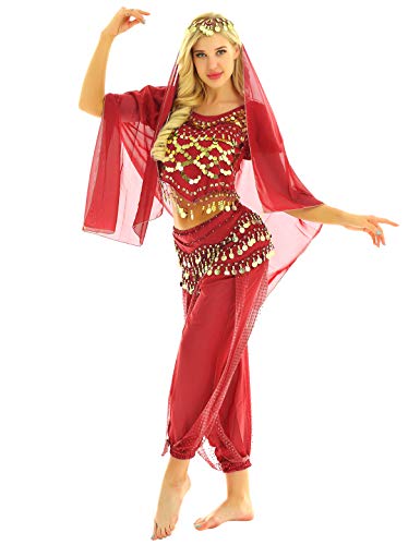 Eandarui Bauchtanz Kostüm Damen Set Pailletten Tanz Top Mit Leinen Haremshose Münzen Hüfttuch Chiffon Kopftuch 4tlg Cosplay Outfit Für Fasching Karneval Rot Einheitsgröße von Eandarui