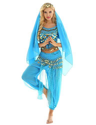 Eandarui Bauchtanz Kostüm Damen Set Pailletten Tanz Top Mit Leinen Haremshose Münzen Hüfttuch Chiffon Kopftuch 4tlg Cosplay Outfit Für Fasching Karneval See Blau Einheitsgröße von Eandarui