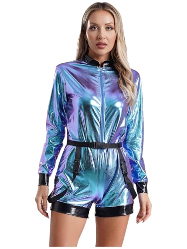 Eandarui Body Sliber Blau Metallic Damen Astronauten Kostüm Langarm Overall Kurz Holographic Jumpsuit Mit Gürtel Fasching Karneval Mottoparty Outfit Blau 3XL von Eandarui