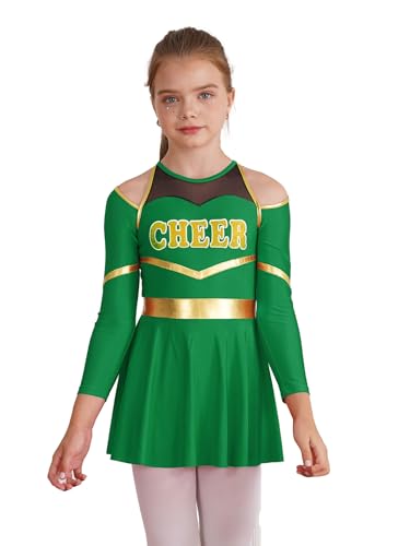 Eandarui Cheer Leader Kleid Kinder Mädchen Tanzkostüm Langarm Tanzkleid Metallic Patchwork Faltenkleid A Linien Sportkleid Mit Cut Out Gr. 110-176 Grün 110-116 von Eandarui