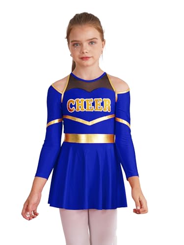 Eandarui Cheer Leader Kleid Kinder Mädchen Tanzkostüm Langarm Tanzkleid Metallic Patchwork Faltenkleid A Linien Sportkleid Mit Cut Out Gr. 110-176 Königsblau 134-140 von Eandarui