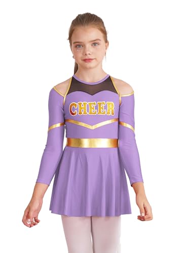 Eandarui Cheer Leader Kleid Kinder Mädchen Tanzkostüm Langarm Tanzkleid Metallic Patchwork Faltenkleid A Linien Sportkleid Mit Cut Out Gr. 110-176 Lavendel 110-116 von Eandarui