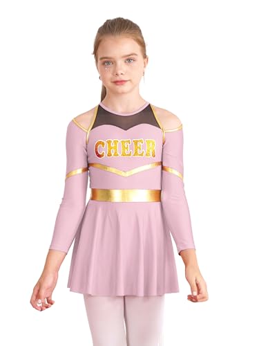 Eandarui Cheer Leader Kleid Kinder Mädchen Tanzkostüm Langarm Tanzkleid Metallic Patchwork Faltenkleid A Linien Sportkleid Mit Cut Out Gr. 110-176 Rosa 110-116 von Eandarui