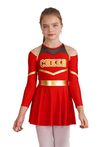 Eandarui Cheer Leader Kleid Kinder Mädchen Tanzkostüm Langarm Tanzkleid Metallic Patchwork Faltenkleid A Linien Sportkleid Mit Cut Out Gr. 110-176 Rot 110-116 von Eandarui