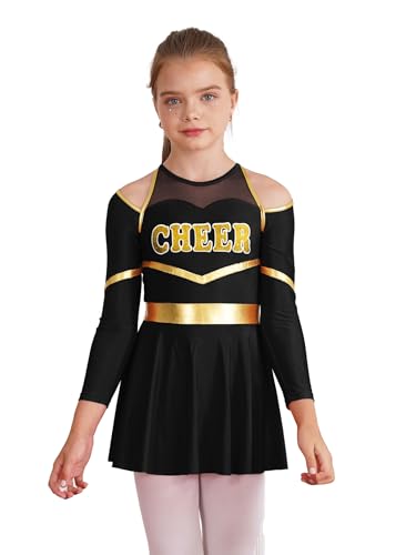 Eandarui Cheer Leader Kleid Kinder Mädchen Tanzkostüm Langarm Tanzkleid Metallic Patchwork Faltenkleid A Linien Sportkleid Mit Cut Out Gr. 110-176 Schwarz 134-140 von Eandarui