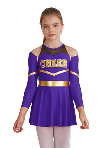 Eandarui Cheer Leader Kleid Kinder Mädchen Tanzkostüm Langarm Tanzkleid Metallic Patchwork Faltenkleid A Linien Sportkleid Mit Cut Out Gr. 110-176 Violett 134-140 von Eandarui