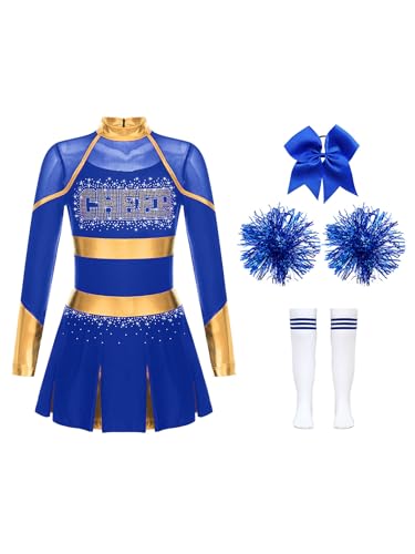 Eandarui Cheer Leader Kostüm Kinder Mädchen Cheerleaderin Kleid Langarm Tanzkleid Mit Schleife Stirnband Pompons Strümpfe 4tlg Tanzkostüm B Blau 170 von Eandarui