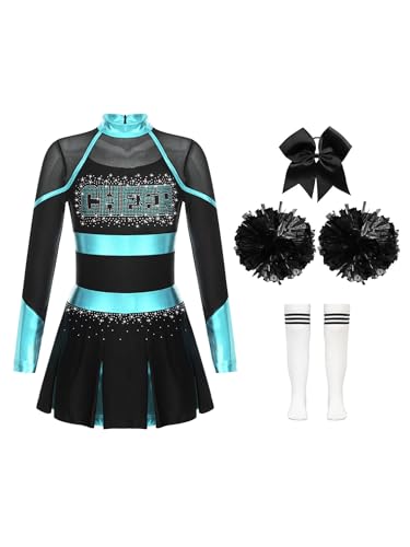 Eandarui Cheer Leader Kostüm Kinder Mädchen Cheerleaderin Kleid Langarm Tanzkleid Mit Schleife Stirnband Pompons Strümpfe 4tlg Tanzkostüm Blau, Grün und Weiß 158-164 von Eandarui