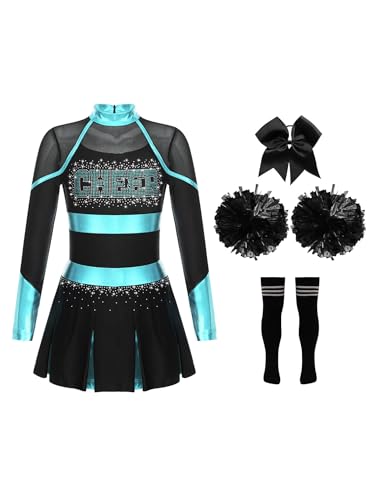 Eandarui Cheer Leader Kostüm Kinder Mädchen Cheerleaderin Kleid Langarm Tanzkleid Mit Schleife Stirnband Pompons Strümpfe 4tlg Tanzkostüm Blau Grün & Schwarz 158-164 von Eandarui