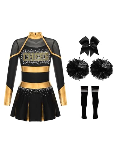 Eandarui Cheer Leader Kostüm Kinder Mädchen Cheerleaderin Kleid Langarm Tanzkleid Mit Schleife Stirnband Pompons Strümpfe 4tlg Tanzkostüm Gold & Schwarz 110-116 von Eandarui