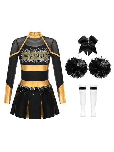 Eandarui Cheer Leader Kostüm Kinder Mädchen Cheerleaderin Kleid Langarm Tanzkleid Mit Schleife Stirnband Pompons Strümpfe 4tlg Tanzkostüm Gold und Weiß 146-152 von Eandarui