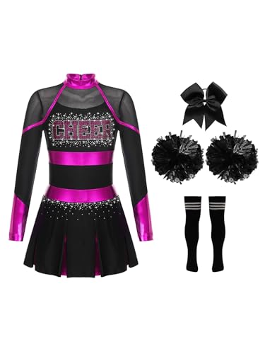 Eandarui Cheer Leader Kostüm Kinder Mädchen Cheerleaderin Kleid Langarm Tanzkleid Mit Schleife Stirnband Pompons Strümpfe 4tlg Tanzkostüm Hot Pink & Schwarz 122-128 von Eandarui