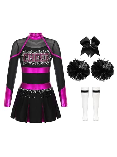 Eandarui Cheer Leader Kostüm Kinder Mädchen Cheerleaderin Kleid Langarm Tanzkleid Mit Schleife Stirnband Pompons Strümpfe 4tlg Tanzkostüm Pink und Weiß 158-164 von Eandarui