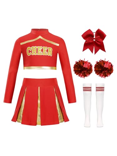 Eandarui Cheer Leader Kostüm Kinder Mädchen Langarm Oberteil Bauchfrei Tanz Top Metallic Patchwork Faltenrock Mit Stirnband Pompons Strümpfe 5tlg Outfit A Rot 110-116 von Eandarui