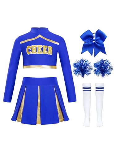 Eandarui Cheer Leader Kostüm Kinder Mädchen Langarm Oberteil Bauchfrei Tanz Top Metallic Patchwork Faltenrock Mit Stirnband Pompons Strümpfe 5tlg Outfit B Blau 170 von Eandarui