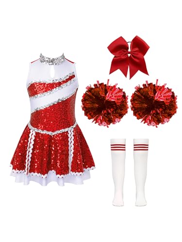 Eandarui Cheer Leader Kostüm Kinder Mädchen Pailletten Kleid Ärmellos Tanzkleid Mit Schleife Stirnband Pompons Strümpfe Fasching Karneval Cosplay Outfit A Rot 122-128 von Eandarui