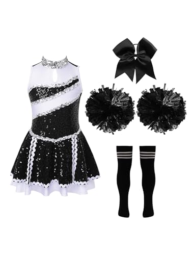 Eandarui Cheer Leader Kostüm Kinder Mädchen Pailletten Kleid Ärmellos Tanzkleid Mit Schleife Stirnband Pompons Strümpfe Fasching Karneval Cosplay Outfit A Schwarz-Weiß 122-128 von Eandarui