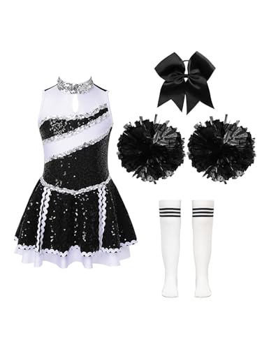 Eandarui Cheer Leader Kostüm Kinder Mädchen Pailletten Kleid Ärmellos Tanzkleid Mit Schleife Stirnband Pompons Strümpfe Fasching Karneval Cosplay Outfit A Weiß&Schwarz 110-116 von Eandarui