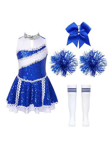 Eandarui Cheer Leader Kostüm Kinder Mädchen Pailletten Kleid Ärmellos Tanzkleid Mit Schleife Stirnband Pompons Strümpfe Fasching Karneval Cosplay Outfit B Blau 134-140 von Eandarui