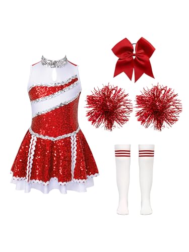 Eandarui Cheer Leader Kostüm Kinder Mädchen Pailletten Kleid Ärmellos Tanzkleid Mit Schleife Stirnband Pompons Strümpfe Fasching Karneval Cosplay Outfit B Rot 110-116 von Eandarui