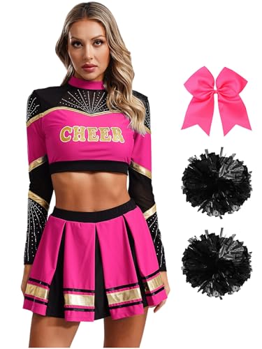 Eandarui Cheerleaderin Kostüm Damen Langarm Shirt Bauchfrei Top Mit A Linien Tanzrock Schleife Stirnband Pompons Strümpfe 5tlg Cheerleadering Outfit Hot Pink L von Eandarui