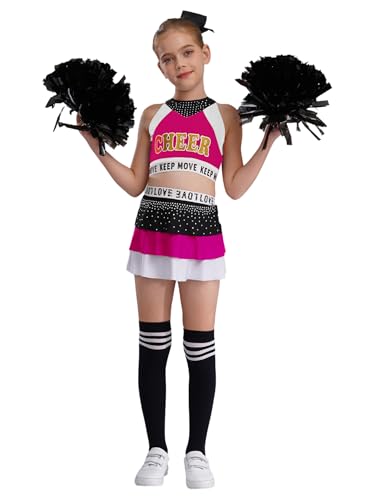 Eandarui Cheerleaderin Kostüm Kinder Mädchen Bauchfrei Tanz Shirt Mit Tanzrock Pompons Haarband Strümpfe 5tlg Tanzkostüm Für Fasching Karneval Pink und Weiß 134-140 von Eandarui