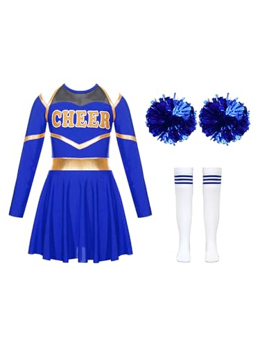 Eandarui Cheerleading Kostüm Mädchen Langarm Kleid Metallic Patchwork Tanzkleid Mit Pompons Strümpfe Fasching Karneval Cosplay Outfit A Königsblau 122-128 von Eandarui