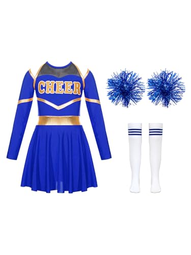 Eandarui Cheerleading Kostüm Mädchen Langarm Kleid Metallic Patchwork Tanzkleid Mit Pompons Strümpfe Fasching Karneval Cosplay Outfit B Königsblau 110-116 von Eandarui