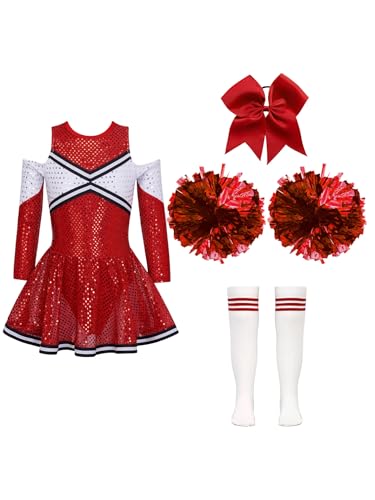 Eandarui Cheerleading Training Outfit Kinder Mädchen Cheerleaderin Kostüm Langarm Pailletten Kleid Mit Pompons Haarband Strümpfe 4tlg Tanzkostüm A Rot 170 von Eandarui