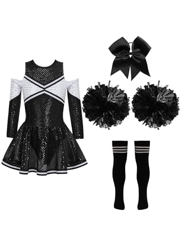 Eandarui Cheerleading Training Outfit Kinder Mädchen Cheerleaderin Kostüm Langarm Pailletten Kleid Mit Pompons Haarband Strümpfe 4tlg Tanzkostüm A Schwarz-Weiß 110-116 von Eandarui