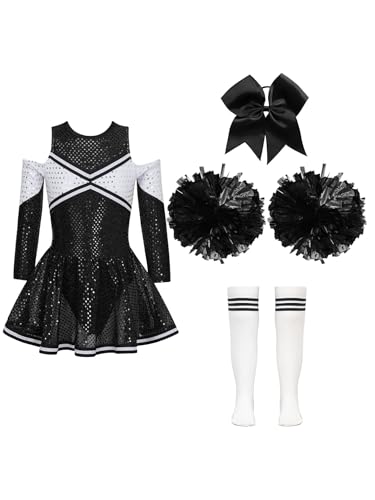 Eandarui Cheerleading Training Outfit Kinder Mädchen Cheerleaderin Kostüm Langarm Pailletten Kleid Mit Pompons Haarband Strümpfe 4tlg Tanzkostüm A Weiß&Schwarz 170 von Eandarui