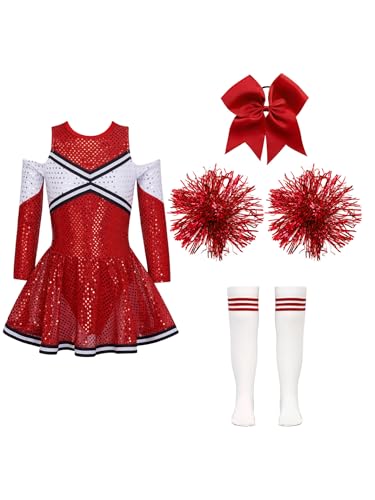 Eandarui Cheerleading Training Outfit Kinder Mädchen Cheerleaderin Kostüm Langarm Pailletten Kleid Mit Pompons Haarband Strümpfe 4tlg Tanzkostüm B Rot 146-152 von Eandarui