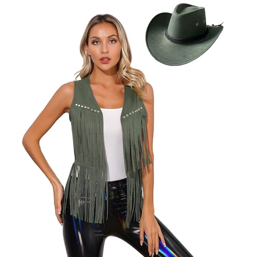 Eandarui Cowgirl Kostüm Damen Western Weste Mit Fransen Ärmellos Wildleder Jacke Boho Jacket Mit Cowboyhut 60er 70er Jahre Hippie Outfit Armeegrün L von Eandarui