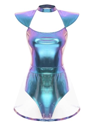 Eandarui Damen Space Girl Alien Kostüm Karneval Glänzendes Metallisch Body Mit Transparent Minirock Disco Club Mottoparty Maskerade Outfit Blau 3XL von Eandarui