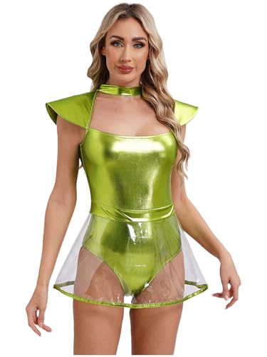 Eandarui Damen Space Girl Alien Kostüm Karneval Glänzendes Metallisch Body Mit Transparent Minirock Disco Club Mottoparty Maskerade Outfit Leuchtendes Grün L von Eandarui