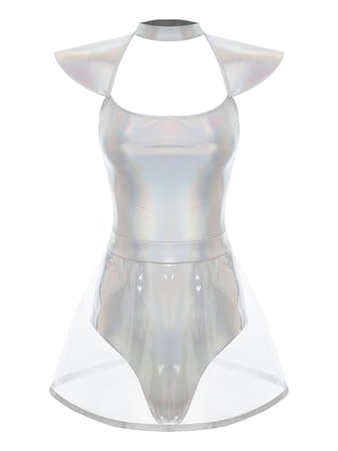 Eandarui Damen Space Girl Alien Kostüm Karneval Glänzendes Metallisch Body Mit Transparent Minirock Disco Club Mottoparty Maskerade Outfit Silber 3XL von Eandarui