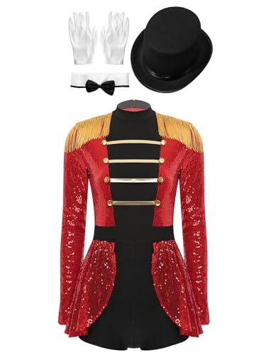 Eandarui Damen Zirkus Kostüm Pailletten Glitzer Tanzanzug Langarm Overall Fransen Quaste Jumpsuit Mit Handschuhe Schleife Hut Für Fasching Karneval Rot 3XL von Eandarui