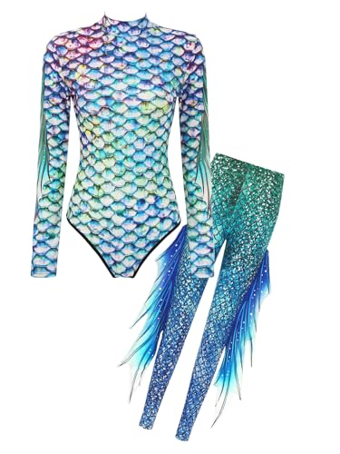 Eandarui Fasching Karneval Kostüm Damen Meerjungfrau Badeanzug Langarm Fischschuppen Print Body High Waist Fransenhose Stretch Leggings Outfit Bunt L von Eandarui