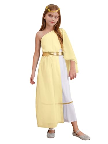 Eandarui Griechische Göttin Kostüm Kinder Mädchen Römerin Toga Kleid Ein Schulter Eldes Maxikleid Mit Gold Lorbeerkranz Cosplay Outfit Gelb 110-116 von Eandarui