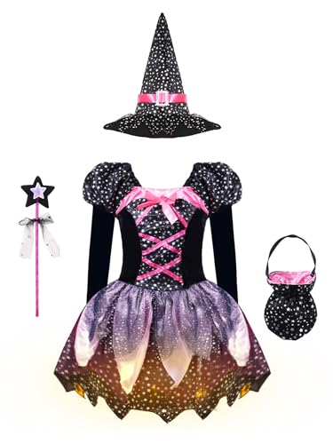 Eandarui Halloween Hexen Kostüm Kinder Mädchen Kleid Langarm Mittelalterkleid Mit Hexenhut Bonbontüte Zauberstab Komplett Set Für Fasching Mottoparty Rosa Set 104-110 von Eandarui