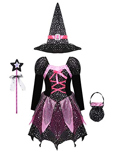 Eandarui Halloween Hexen Kostüm Kinder Mädchen Kleid Langarm Mittelalterkleid Mit Hexenhut Bonbontüte Zauberstab Komplett Set Für Fasching Mottoparty Schwarz Set 104-110 von Eandarui